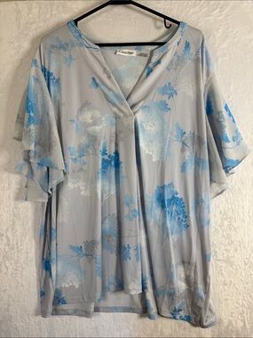 Calvin Klein Sky Blue Floral V-Neck Flutter Sleeve Blouse 2x